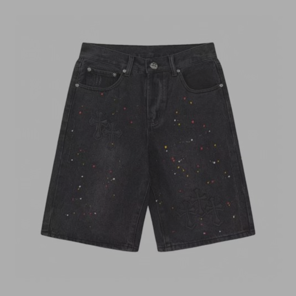 Chrome Hearts Jorts Black Denim Colour Splatter 'Black Cross'